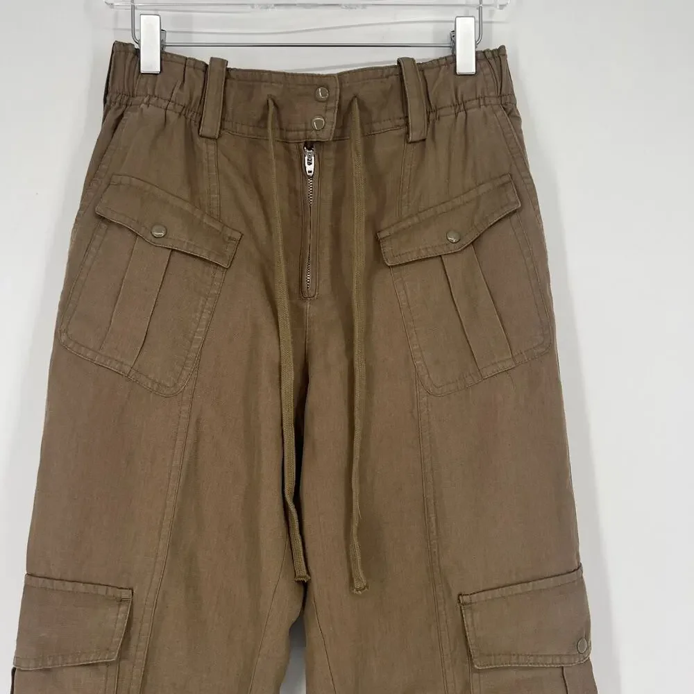 Zara Pants Womens S Geen Brown Cargo‎ Pocket Linen Utility Boho Gorpcore